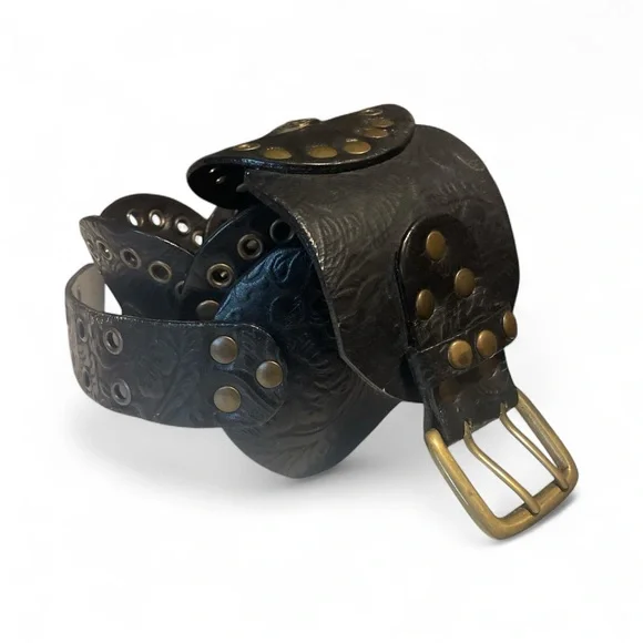 Women’s Black brown and Gold Embossed Leather Belt - Picture 6 of 7